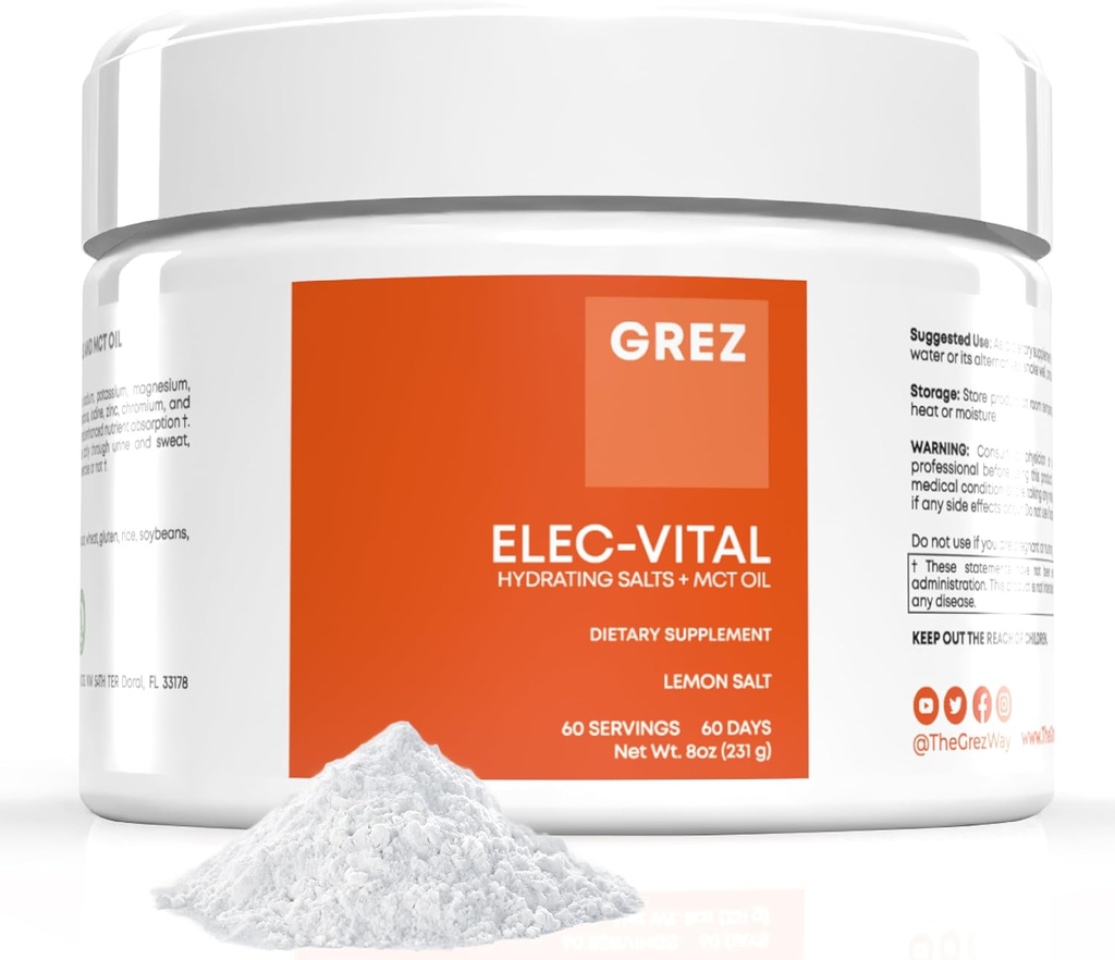 GREZ ELEC-Vital elektrolytter pulver Ingen sukker - Hydration pulver, Keto elektrolyserer ingen sukker - Complete Mineral Support, Natrium, Kalium, magnesium, sink - 60 Serveringer