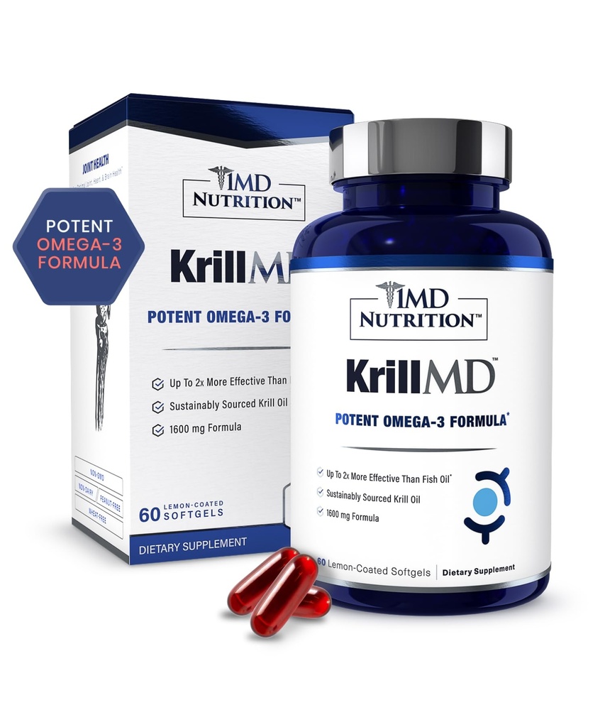 1MD Ernæring KrillMD - Antarktis krill olje Omega 3 Supplement med Astaxanthin, EPA, DHA 2X mer effektiv enn fisk olje ® 60 Softgels