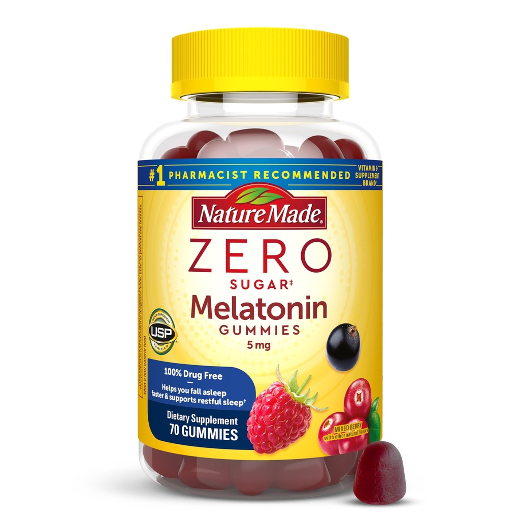 Naturen laget null sukker melatonin 5mg sovegulv for voksne ekstra styrke, 100% narkotikafri søvnhjelp, aspartam gratis, 70 sukkerfri melatonin gummi, 70 dagers forsyning
