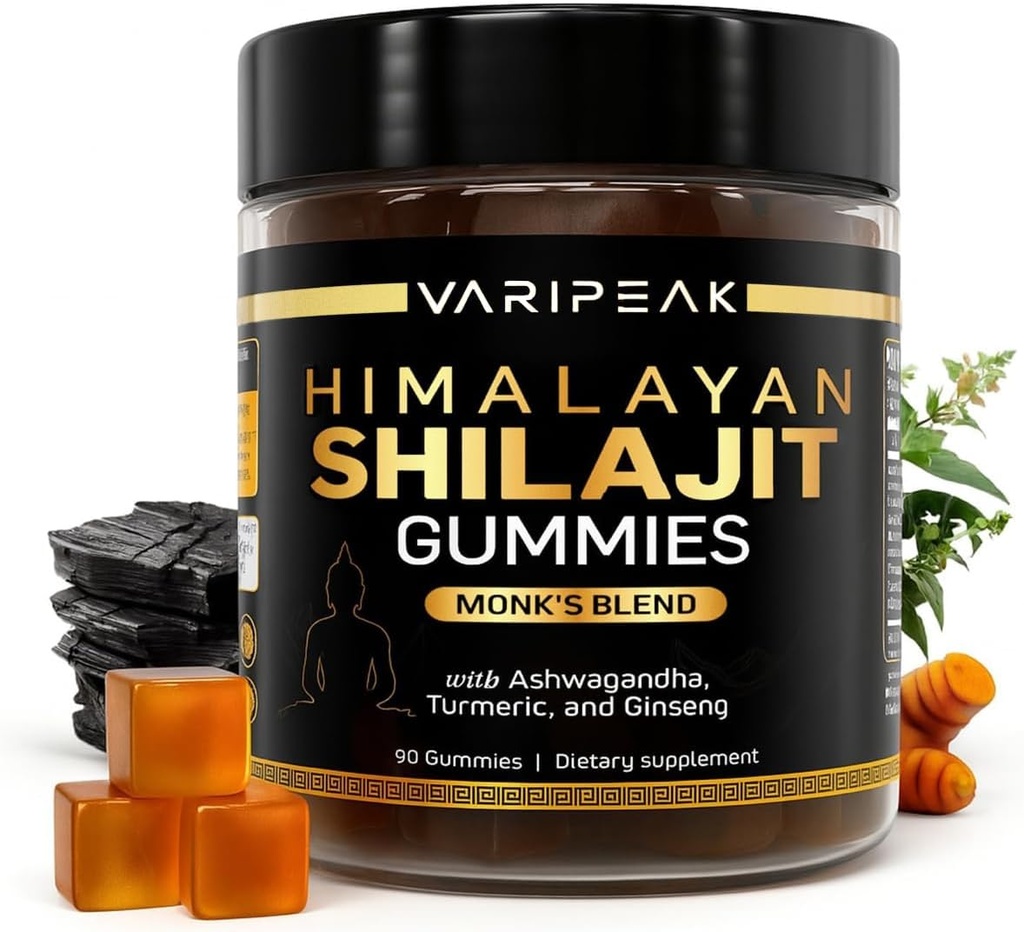 4-i-1 Organic Himalayan Shilajit Gummies med Ashwagandha, Turmeric, & Ginseng | Adaptogen for energi, immunitet og vitalitet støtte | Organisk, vegansk, sukkerfri | 90 greve | for menn og kvinner