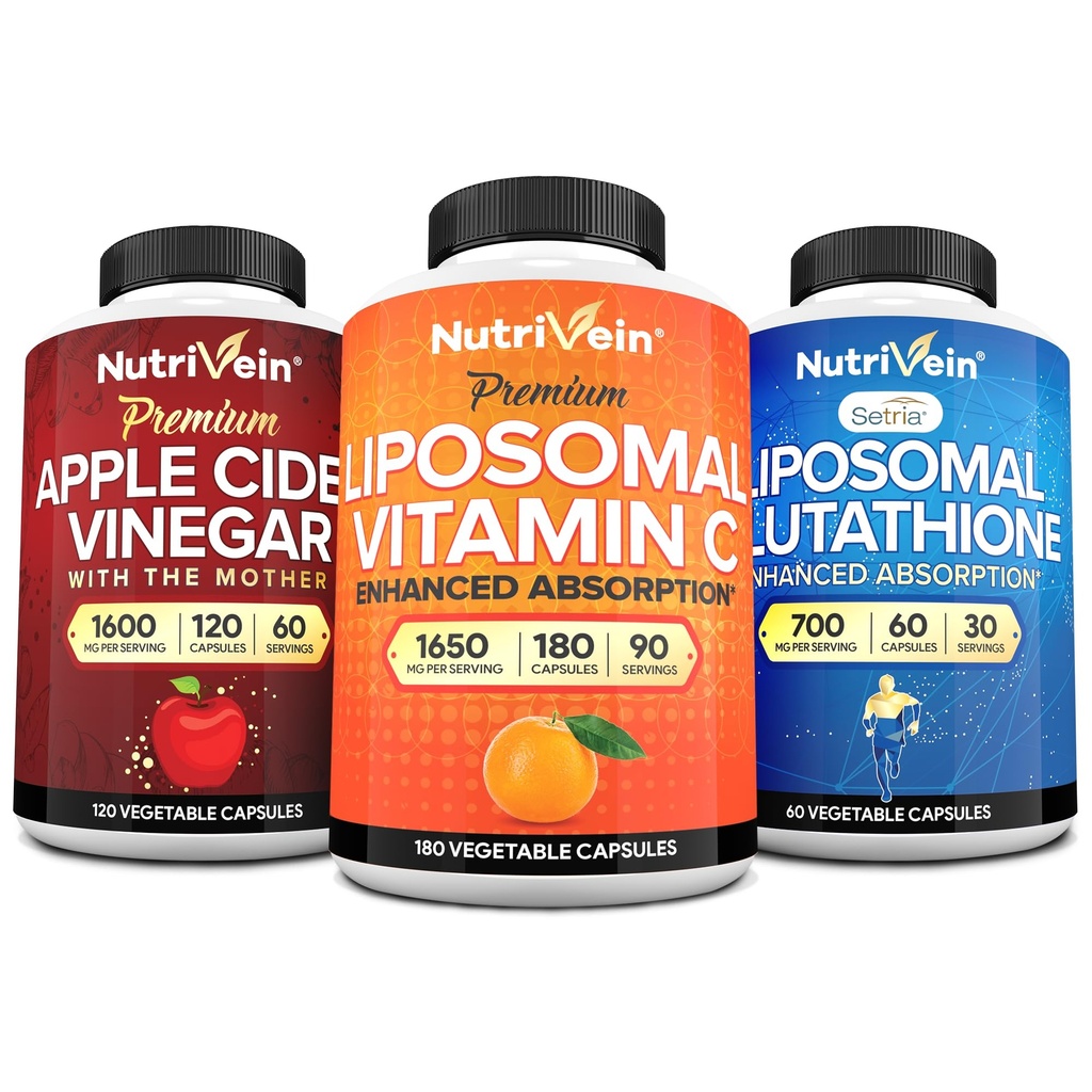 Nutrivein Premium Liposomal Glutathione, Apple Cider Vinegar Capsules, & Vitamin C Supplement Bundle: Vitamin C, ACV Kapsler, & Glutathione Supplement Bundle for Cellular Defense & Detox