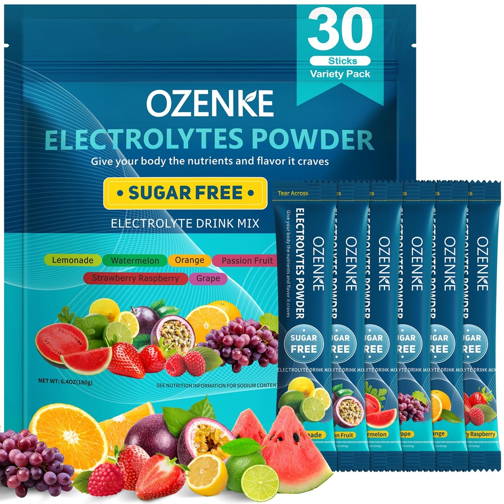 Elektrolysere pulverpakker, 30 Sticks Hydration Packets sukkerfri, Electrolyte Drink Mix Reise elektrolyte pakker for Rapid Hydration, 6 Flavors