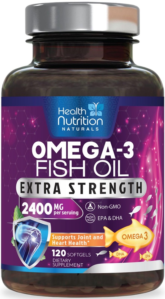 Omega 3 Fish Oil 2400 mg - Triple Styrke Omega3, EPA & DHA Fatty Acids Supplement - Naturlig støtte for immune, hjerte og hjerne helse - Villt Fanget, Ikke-GMO, Lemon Flavor, Burpless - 120 Softgels
