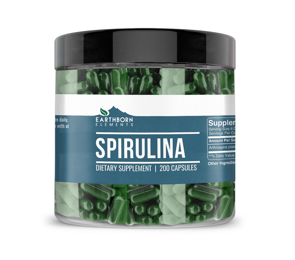 Jordbårne elementer Spirulina 200 kapsler, ren og ufortynnet, ingen tilsetningsmidler