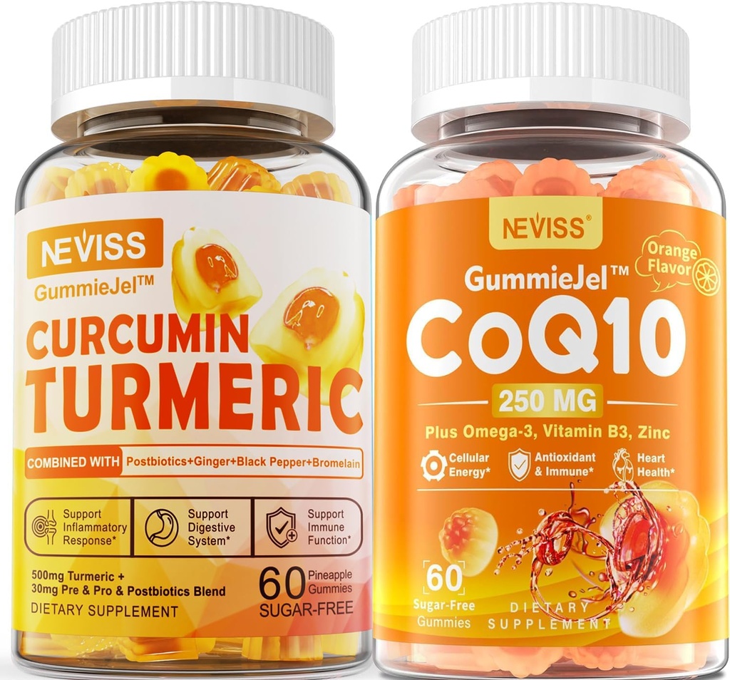 Sukker Gratis Turmeric Curcumin Fyllt Gummies 550mg & CoQ10-250mg Fyllt Gummies, Immune, Digestiv Helse, Cellular Energi & Antioksidant Støtte