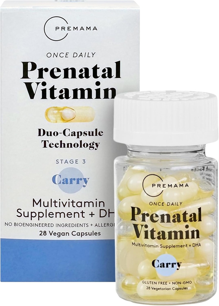 Premama Prenatal vitaminer for kvinner, En gang daglig Multivitamin Supplement, Inkluderer Folat og DHA, Allergen-fri, 28 Vegan Kapsler