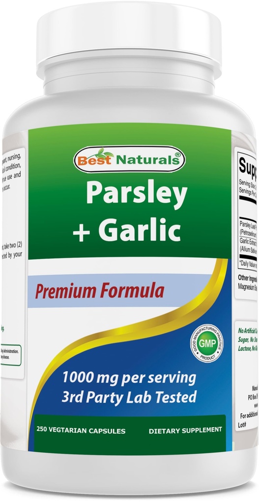 Best Naturals Parsley og hvitløk 1000 mg per servering 250 vegetariske kapsler. Glutenfri og ikke-GMO.