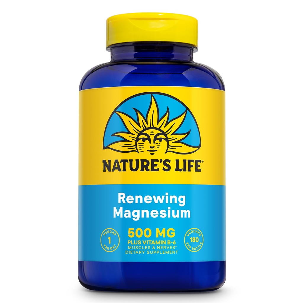 Natures Life Renewing Magnesium 500 mg - Plus vitamin B-6 - Muskler og Nerver Support - Lab Verifisert (180 Services, 180 Vegkaps)
