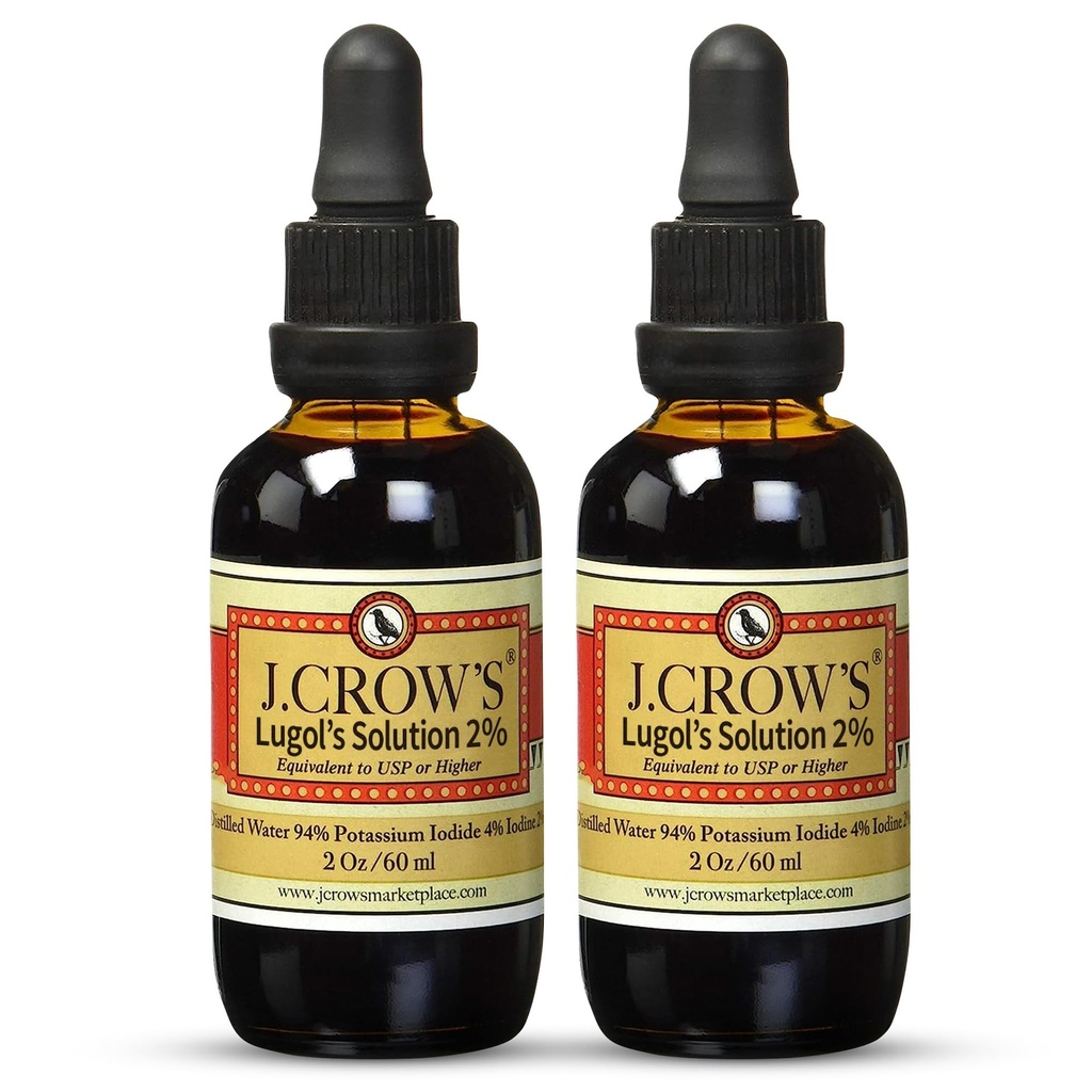 J.CROW'S® Lugols løsning av iodin 2% 2 oz (2 flaske) – Premium Iodin & Kaliumiodid væske, gluten og, alkoholfri naturlig bronekstrakt, ingen utløp