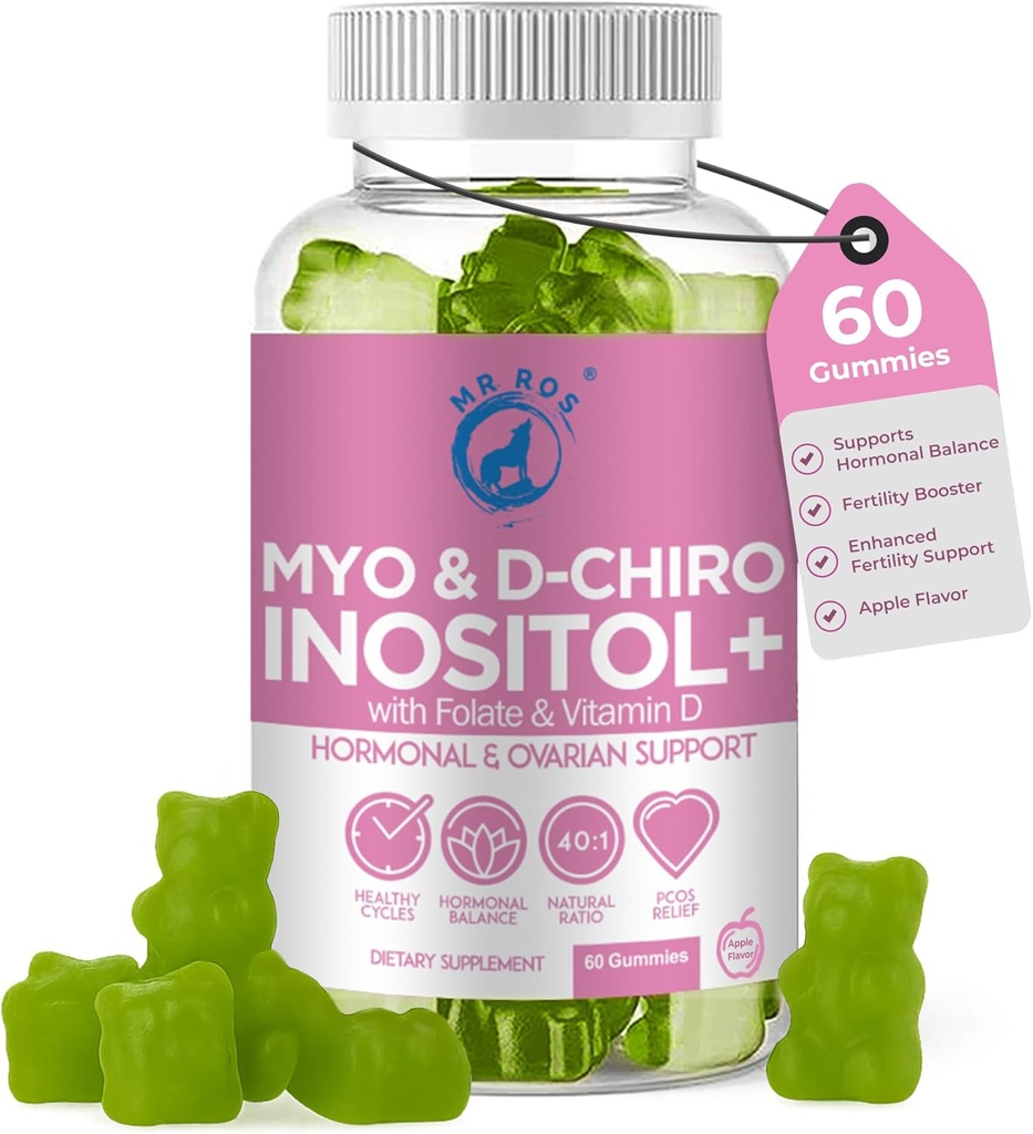 Inositol Gummies PCOS med Folat & vitamin D - Myo & D-Chiro Inositol Blanding, 40:1 Forhold, 60 Apple Flavor Gummies