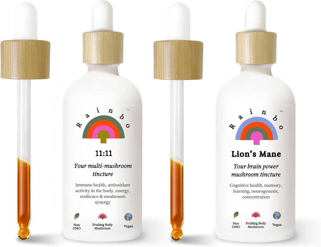 Rainbo Fan Favoritt Bundle, 11:11 Multi Mushroom Extract + Lion's Mane Mushroom Tinktur, Dual Extract Daily Mushroom Tinkturer for omfattende immunstøtte, Vegansk flytende Mushroom Supplements