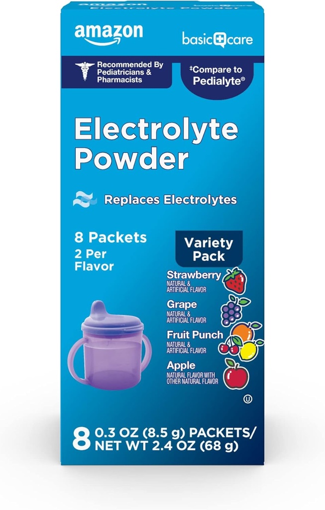 Basic Care Electrolyte pulver Variety Pack, Apple, Fruit Punch, Grape, Jordbær, 8 greve