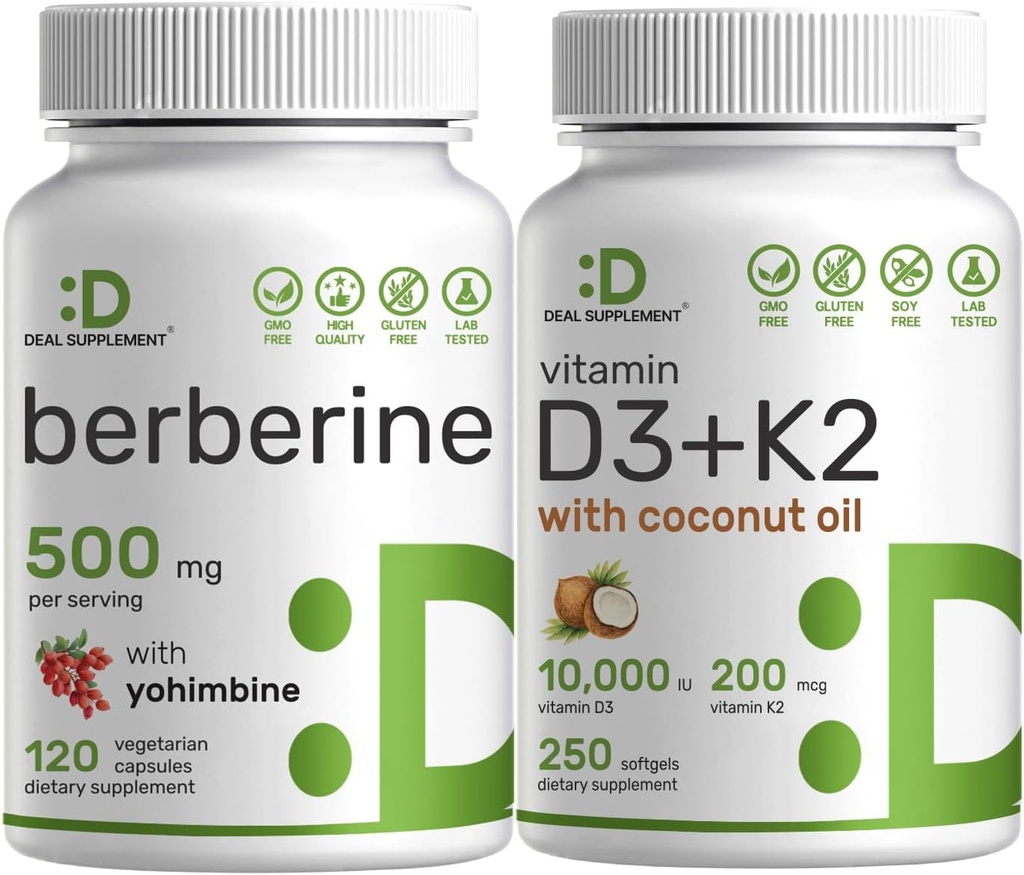 DEAL Supplerende Vitamin D3 10.000iu + K2 200mcg Softgels & Berberine Supplement med Yohimbine Bundle – essensielle Sunshine Vitaminer med kokosolje – høy absorpsjon Hydrochlorid HCl Former