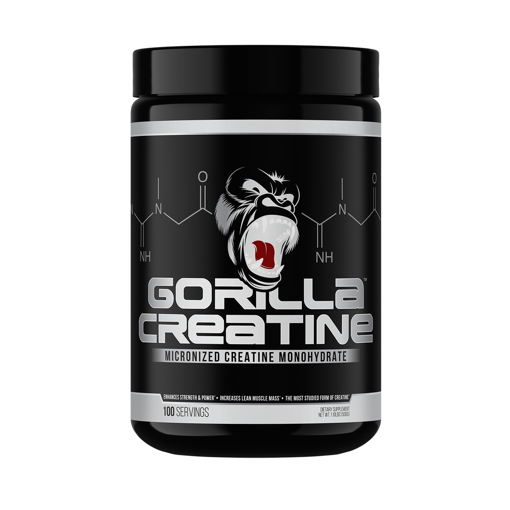 Gorilla Mind Kreatin Monohydrat Mikronisert pulver, Forbedret muskelstørrelse, Effektutgang og styrke, 5 gram per servering, 100 serveringer