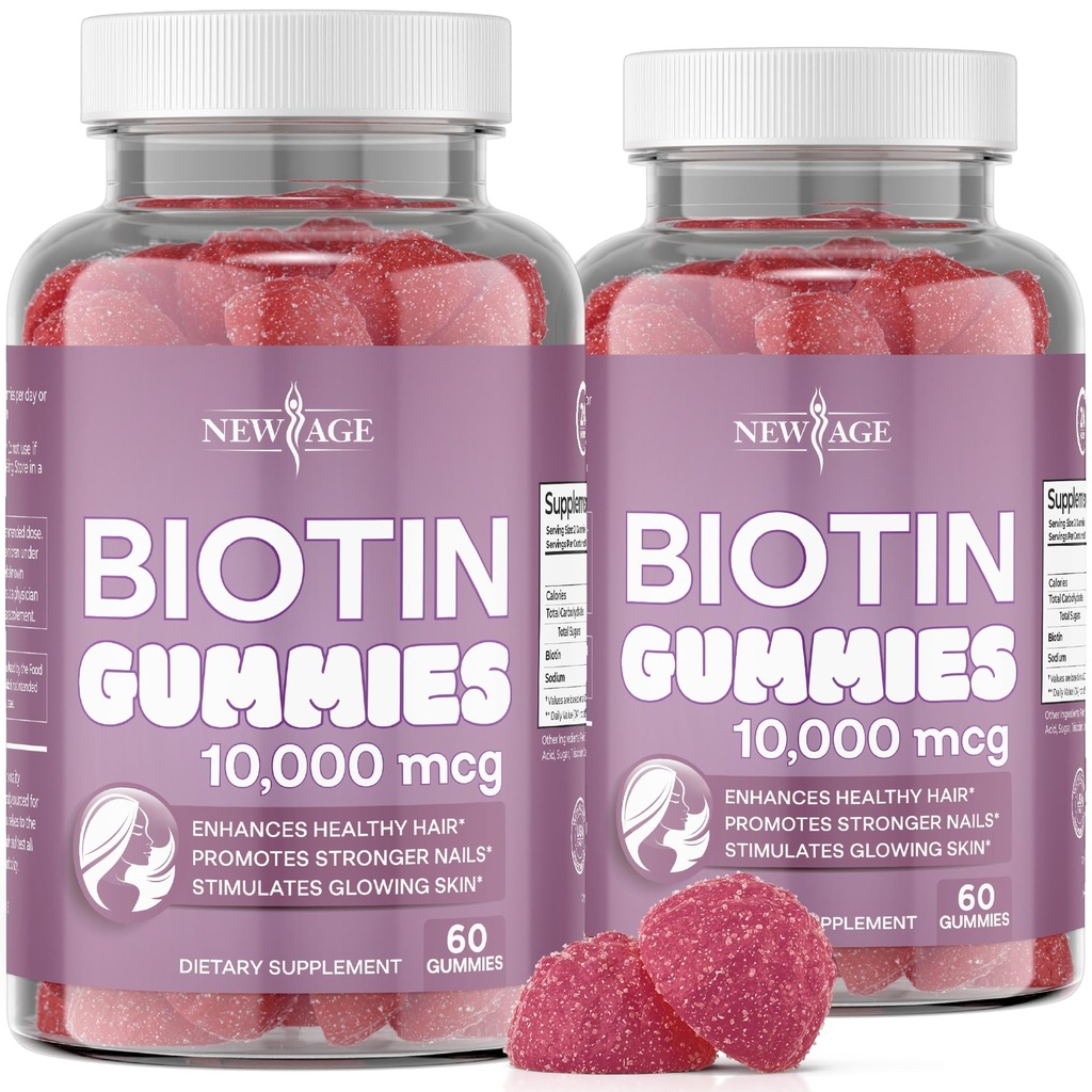 NEW AGE Biotin Gummies – Håret, huden og neglene Gummies – 10.000 mcg - ikke-GMO Supplement for kvinner, menn - laget i USA -120 count