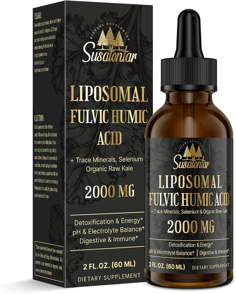 Trace Minerals Elektrolytes Dråper 2000 MG  Liquid Flytende Liposomal Fulvic Humic Acid Supplement | 85+ Spor Mineraler |  Hydra  Hydra | Avgiftning | Energi | pH-balanse | Digestion | Immunity | 2 Oz