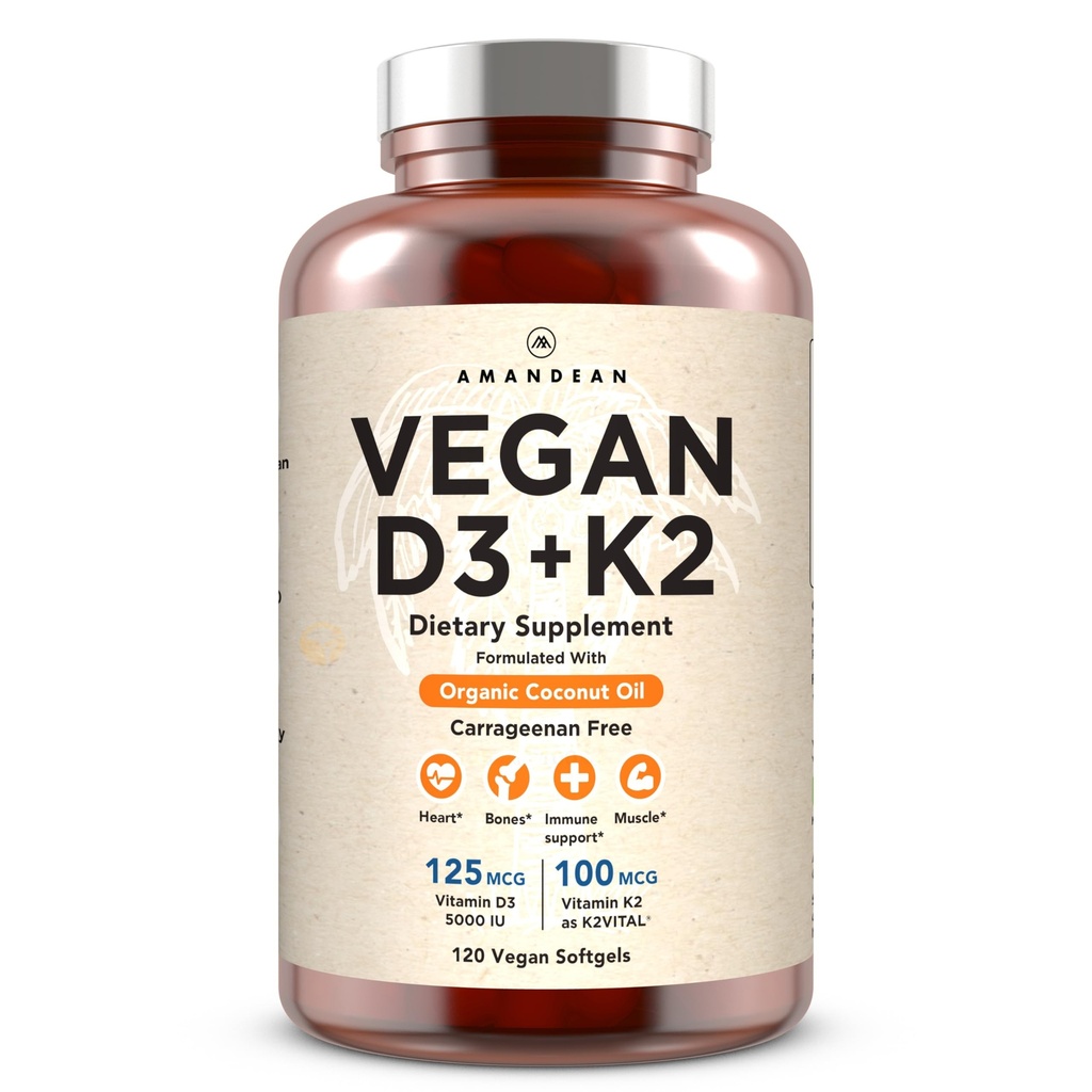 Amandean Vegansk vitamin D3 K2. 5000 iu fra Algae. All-Trans MK-7. 120 Softgels. Plantebaserte og Carrageenan gratis. Organisk kokosolje blanding. for humør, bein, hjerte, immun helse (Packing May Vary)