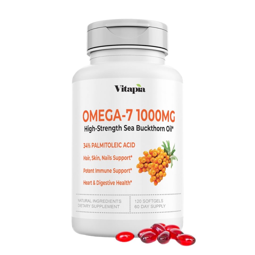 Vitapia Omega 7 Sea Buckthorn Berry olje 1000mg for hår, hud, negler, hjerte helse støtte - 34% Palmitoleic Acid & Natural Omega 3 6 9 Fatty Acids Supplement - 120 kapsler, ikke-GMO, Glutenfri