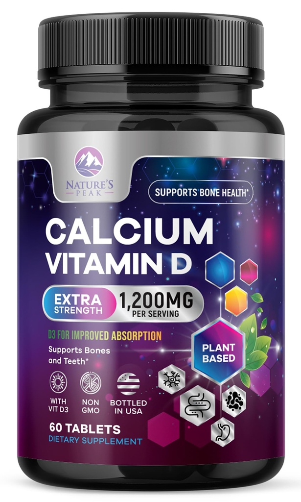 Kalsium 1200 mg med vitamin D3, kalsiumtilskudd vitaminer, bein, tenner og immun helse støtte, kalsiumtilskudd med D for kvinner og menn, Naturens absorberbare kalsiumkarbonat - 60 tabletter