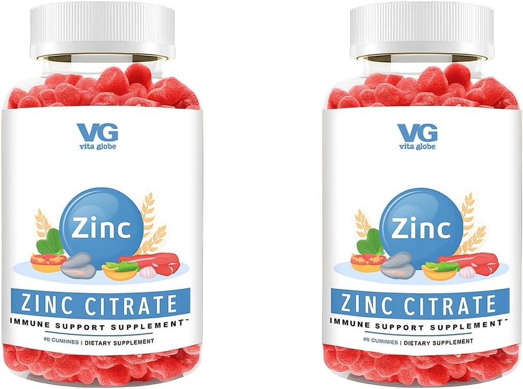 VITA GLOBE Sink Citrate Gummies – 50mg Daily Zink Supplement | Immunsystem og hud helse støtte | Vegan, ikke-GMO Chewable Gummy Vitaminer for voksne og barn – 96 Count (pakke med 2)