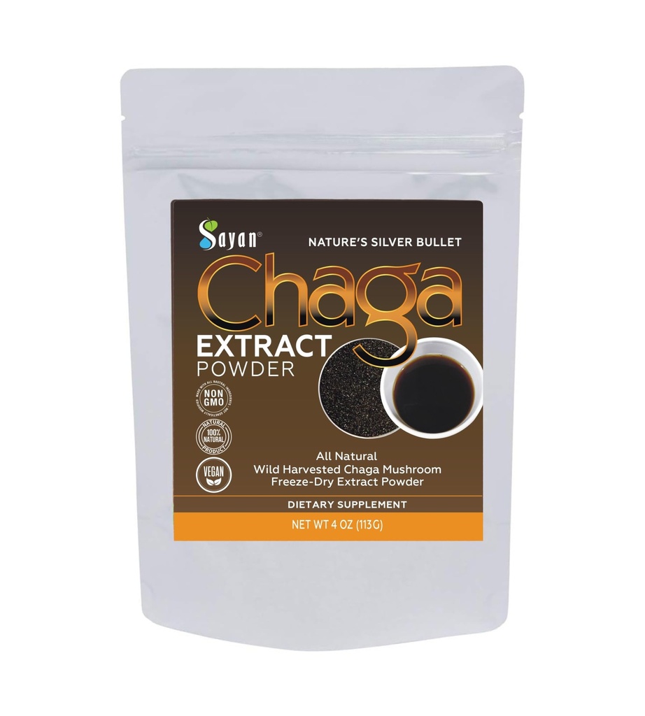 Sayan Chaga Mushroom Extract Powder (4oz) – Freeze tørket sibirsk vilde høstet - organisk antioksidant te for immun- og digestionsstøtte - Fokus, energi, klarhet, velvære - Ingen additiver