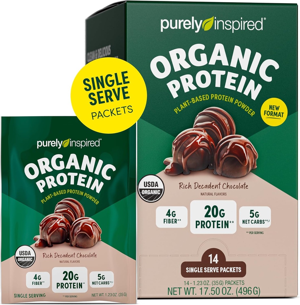Rent inspirert organisk proteinpulver, 14 enkelt servere pakker, rik decadent sjokolade - 20g plantebasert proteinpulver for glatter og rister - mykfri, ikke-GMO - for menn og kvinner