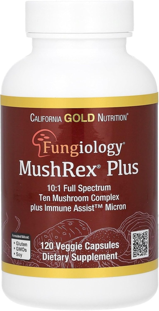 California Gold Nutrition Fungiology, MushRex Plus, Full-Spectrum Ten Mushroom Complex med Agaricus, Chaga, Cordyceps og Lion's Mane, 120 Plantcaps