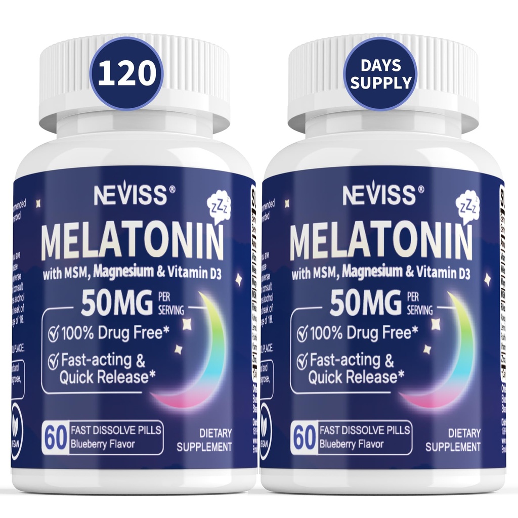 NEVISS Melatonin 50 mg for voksne - Ekstra styrke 9-i-1 Fast Oppløselig Sublingual - høy dosering med magnesiumglycinat, vitamin D3, Ashwagandha, sitron balm, kamille, sukkerfri, vegan 120 tabletter