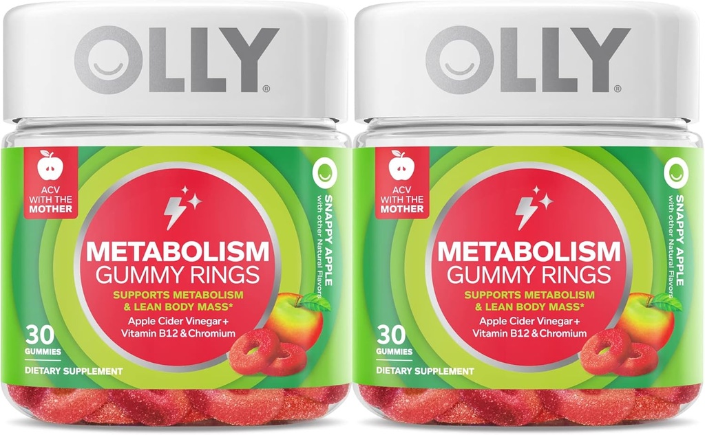 OLLY Metabolisme Gummy Ringer, Apple Cider Vinegar, Vitamin B12, Chromium, Energi og Digestive Helse, Chewable Supplement, Apple Flavor, Twin Pack - 60 Count