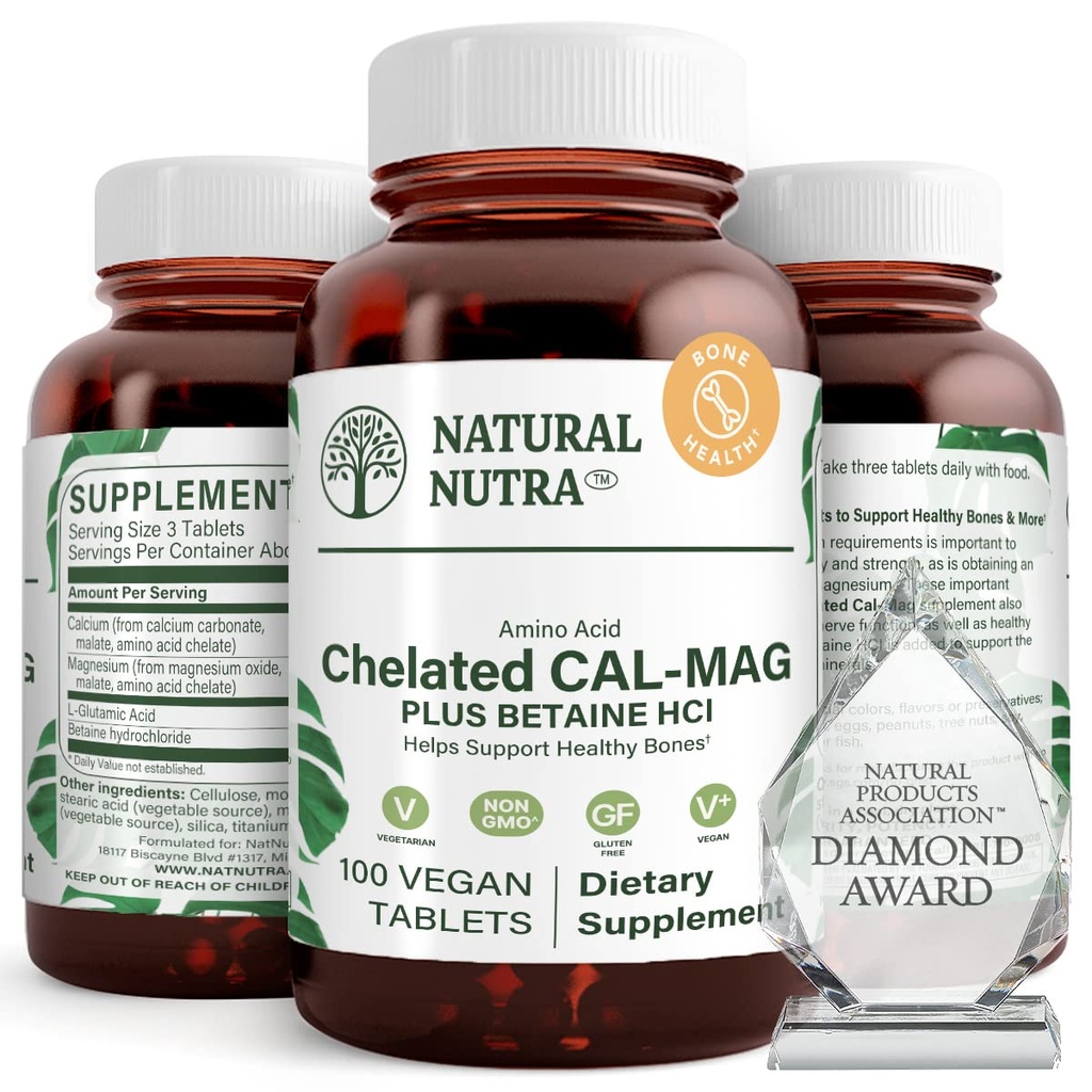 Naturlig Nutra Chelated Kalsium Magnesium 1000/500 mg Kosttilskudd Plus Betaine HCL - Chelated Cal Mag forbedrer beintetthet, støtter muskel, tenner, kardiovaskulære og nerve helse, 100 vegan tabletter