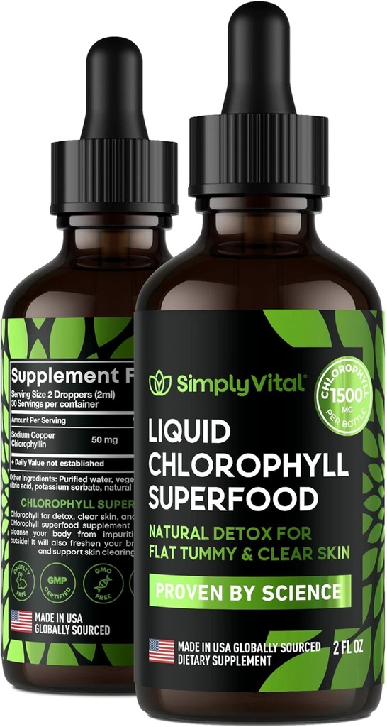 EnkeltVital Klorofyll flytende dråper for klar hud og energi øker - immunstøtte supplement - laget i USA - flytende klorofyll for Gut helse - intern deodorant - Antioksidant- 2 FL OZ