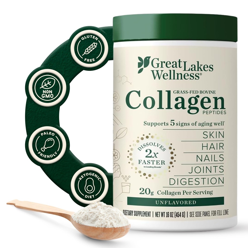 Great Lakes Velvære Collagen Peptides pulver for hud, hår, negler, ledd og dialyse - Unflavored - Rask oppløselig Hydrolysert, Ikke-GMO, Keto, Kosher - 16oz