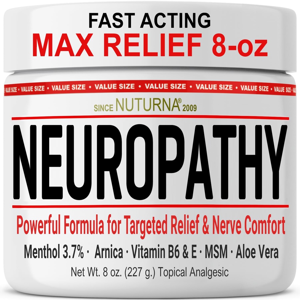 Neuropathy Relief Cream - Rask fungerende Max relief for føtter hender ben tå - Ultra styrke Menthol, Arnica, Aloe Vera, MSM, naturlig beroligende nerve relief - Ekstra stor 8 oz