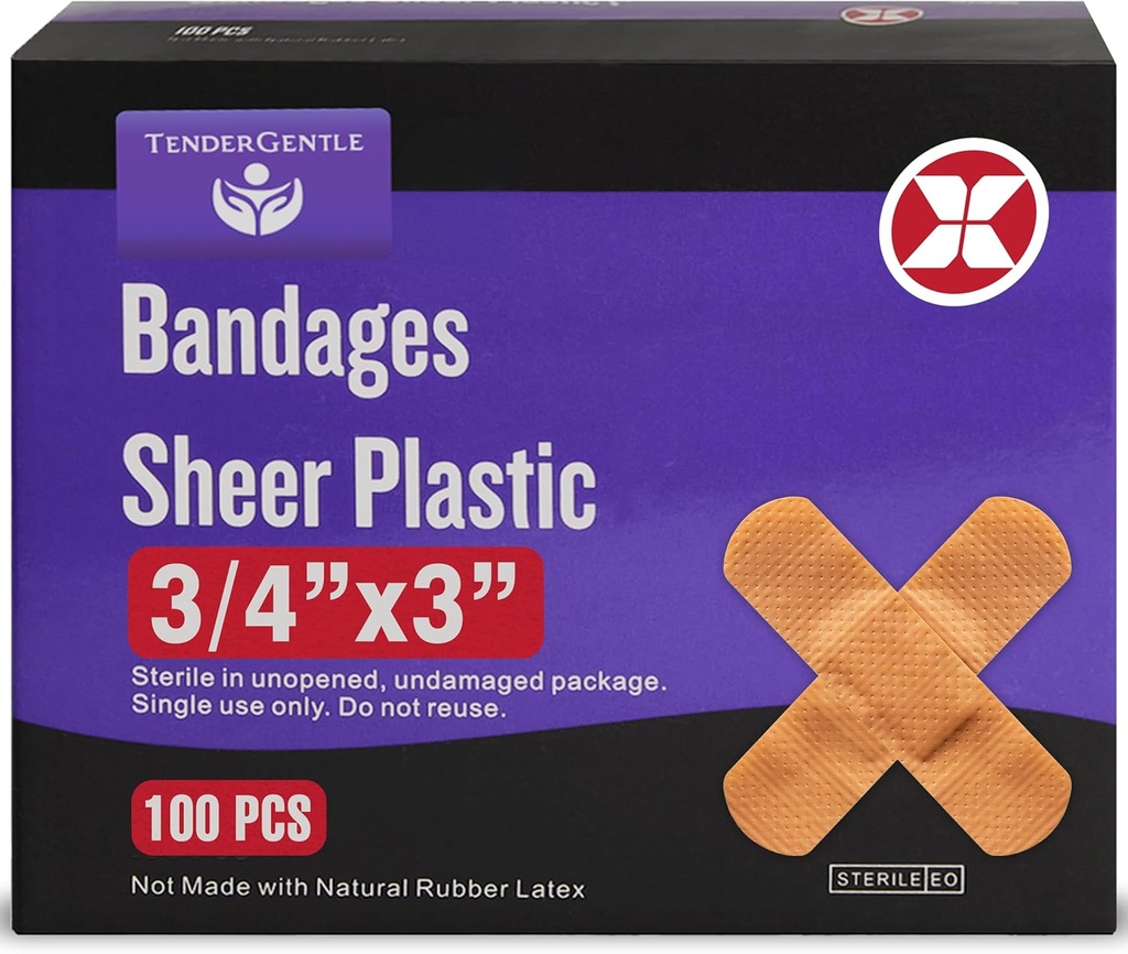 Eske med 100 3/4" Fleksibel skinne plast bandasjer for kutt, skrape, brenner - Latex gratis, sterile små bånd