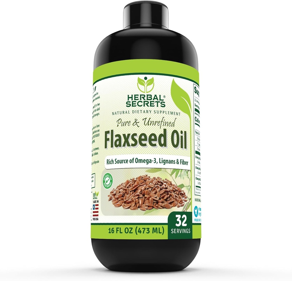Herbal Hemmeligheter Økologisk Flaxfrø Olje Supplement ® 16 Fl. Oz. (473 ml)