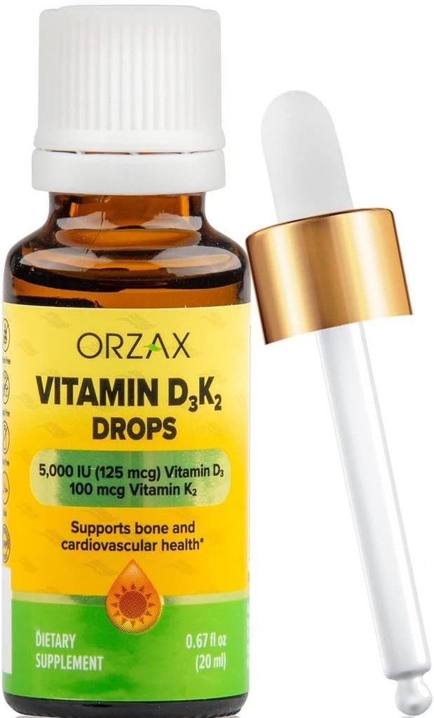 ORZAX vitamin D3 K2 Dråper - Støtter beintetthet og kalsiumabsoprasjon - for bein, muskel og hjerte - (0,67fl oz - 20 ml)