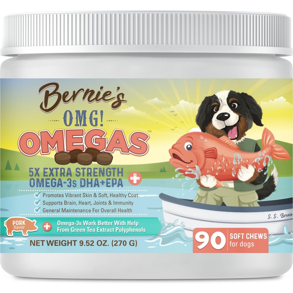 Bernies OMG! Omega Chews for hunder - 5X ekstra styrke DHA + EPA, fiskeolje, sunn hud og Coat, Allergy Relief, Joint Supplement (Pork Flavor)