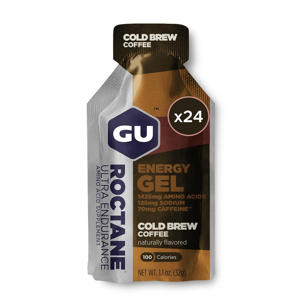 GU Energy Roctane Ultra Endurance Energy Gel, Vegan, Glutenfri, Kosher og Dairy-Free On-The-Go Sports Nutrition for løp, sykling, sykling eller skikjøring, Cold Brew 2X Koffein (24 pakker)