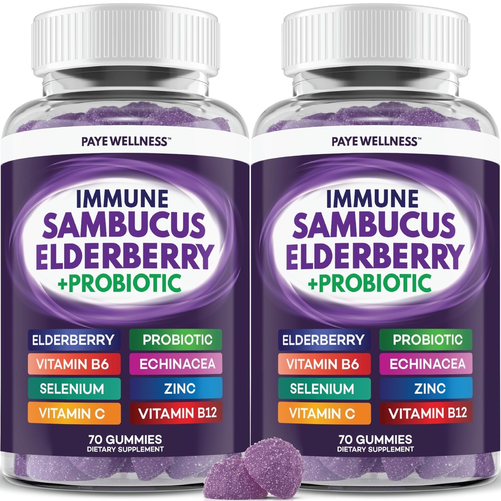 Elderbær Gummies immun støtte, daglig støtte for barn og voksne*, med Sambucus Elderberry, sink, vitamin C, D3, B6, B12, Plus - Diett Supplement - 140 Count