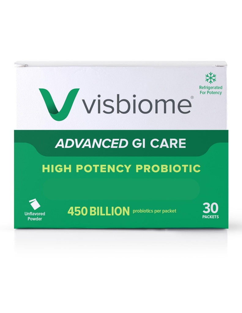 Visbiome® Advanced GI Care - høy potens Probiotic 450 milliarder styrke - 30 Packets Unflavored pulver - Original De Simone Formulation - Levert kald i resirkulerbar kjøleskap med temperaturmonitor.