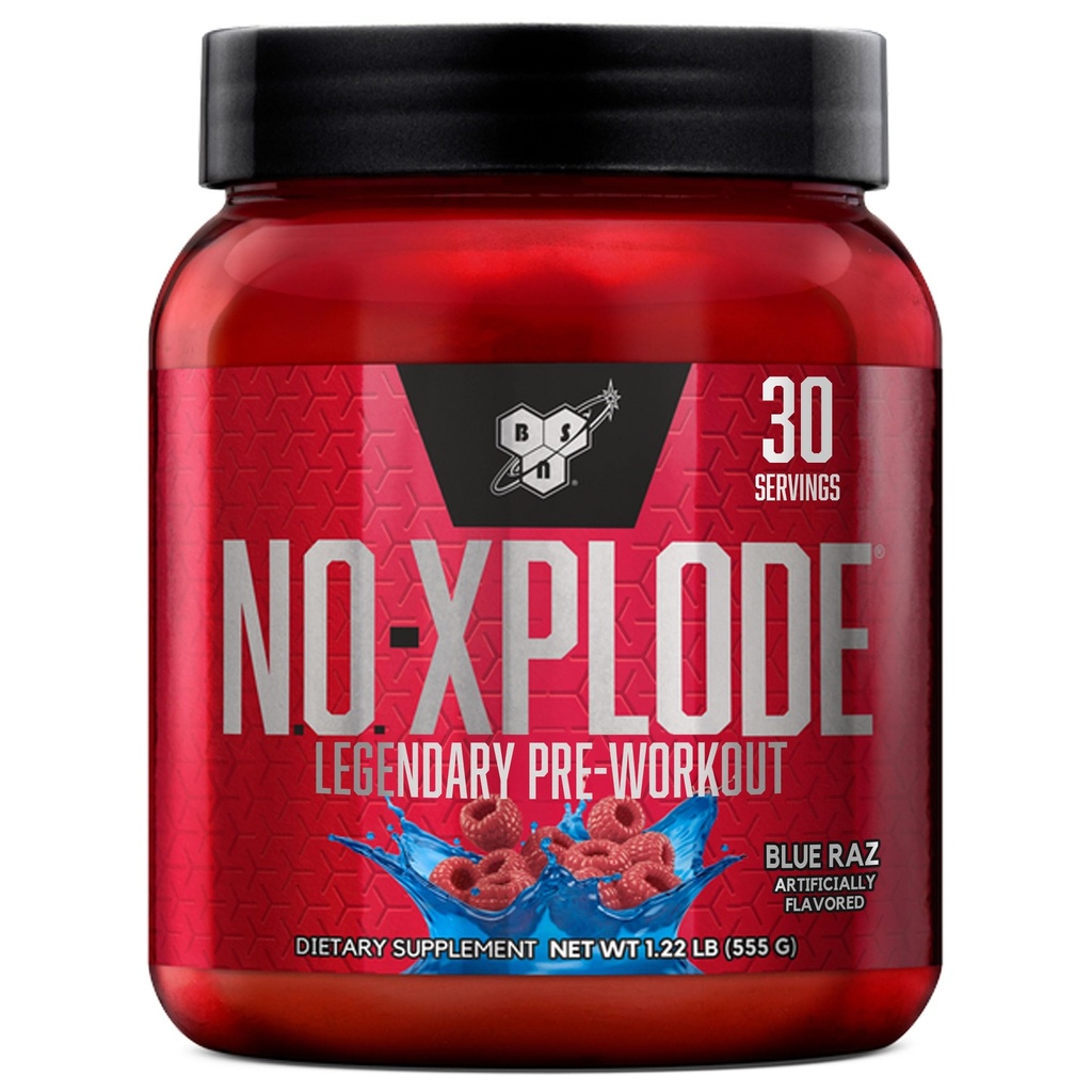 BSN N.O.-XPLODE Pre Workout pulver, energitilskudd for menn og kvinner med kreatin og Beta-Alanine, Flavor: Blå Raz, 30 Serveringer