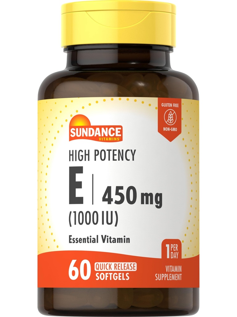 Sunance høy potens Vitamin E | 450 mg (1000 IE) | 60 Softgels | essensiell vitamin Supplement | Ikke-GMO og glutenfri formel