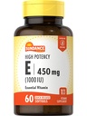 Sunance høy potens Vitamin E | 450 mg (1000 IE) | 60 Softgels | essensiell vitamin Supplement | Ikke-GMO og glutenfri formel