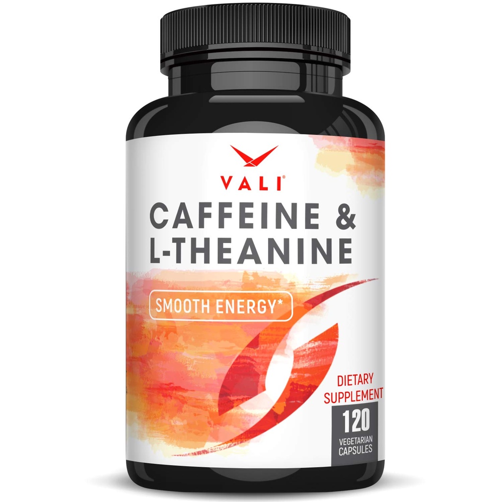 VALI Koffein 50mg & L Theanine 100mg - Koffein piller og L-Theanine for smart glatt energi og fokus Supplement. Nootropic Brain Booster Kognitiv støtte stack & fokusert klarhet. 120 Veggie kapsler
