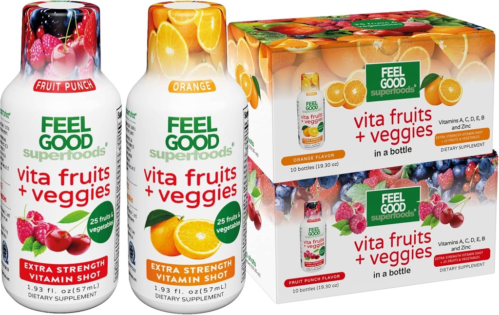 FeelGood Superfoods Vita frukter og grønnsaker Immunstøtte Shot Supplements, 25 organiske frukter og grønnsaker, klar til å drikke immunisme Booster, oransje og frukt Punch flavor, Combo Pack of 20