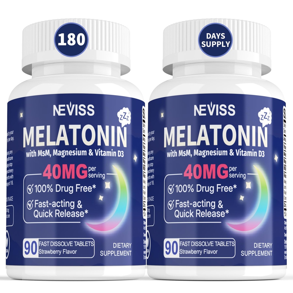 Melatonin 40 mg for voksne - Fast Oppløselig & Chewable Sublingual Sleep Supplement - Ekstra styrke Melatonin med vitamin D3 & MSM, Selenium for helse hvilesyklus, dype zzzs, sukker-fri, 180 Serveringer