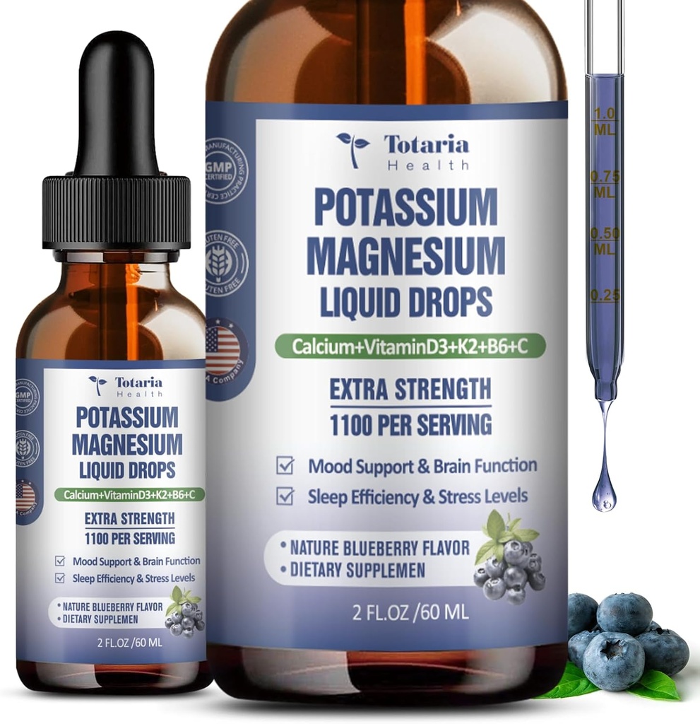 (2 pakker) Kalium Magnesium Supplement flytende dråper - 200 mg Kalium og 600 mg Triple Magnesium Glycinate Flytende Citrat Olje Høy Absorpsjon Potasi Support Bone, Muskel, Leg Cramps