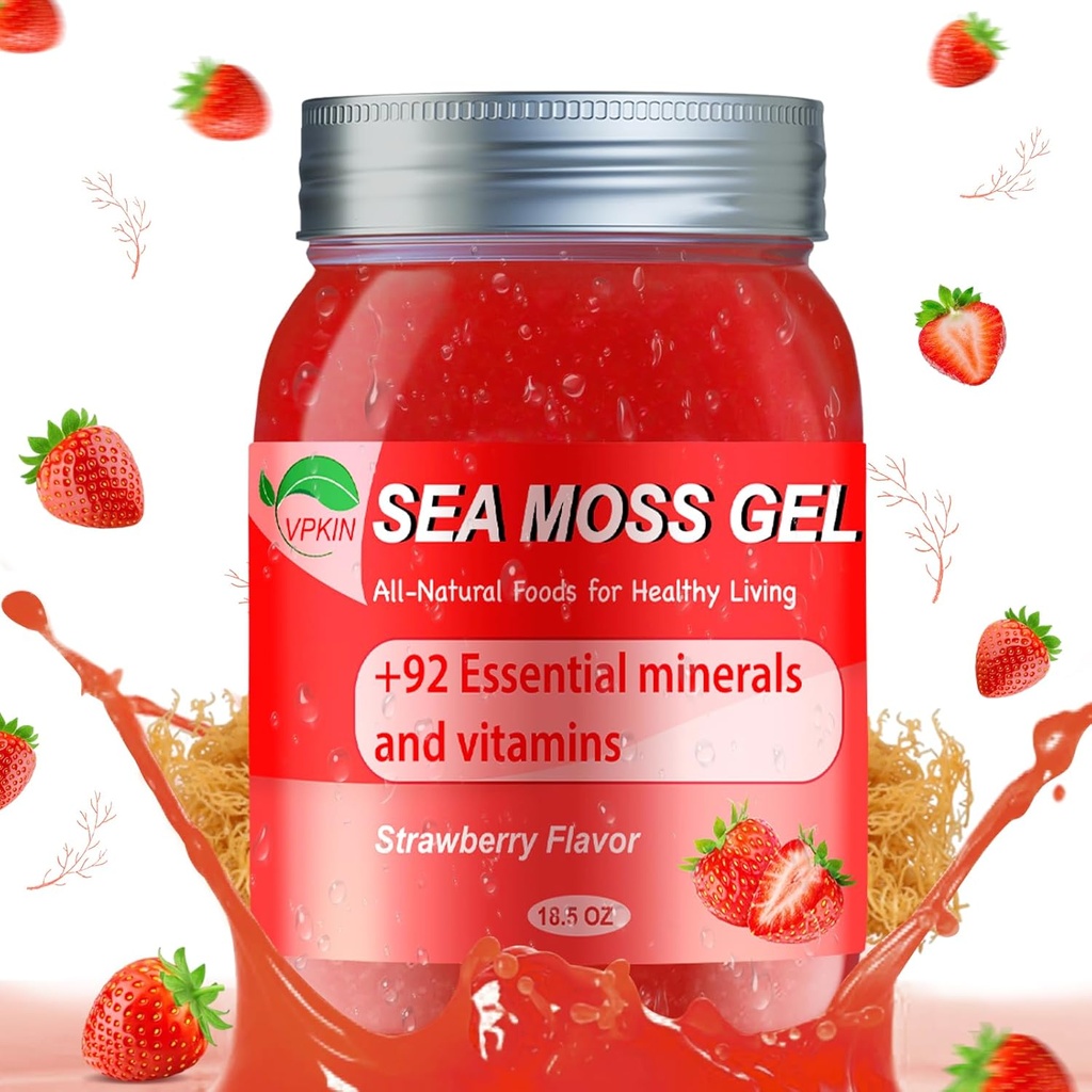 Sea Moss Gel, Organic Raw Irish Seamoss Gel Advanced Superfood, Immune og Digestive Support,Vitamin og Minerals Supplement(Strawberry,18.5OZ)