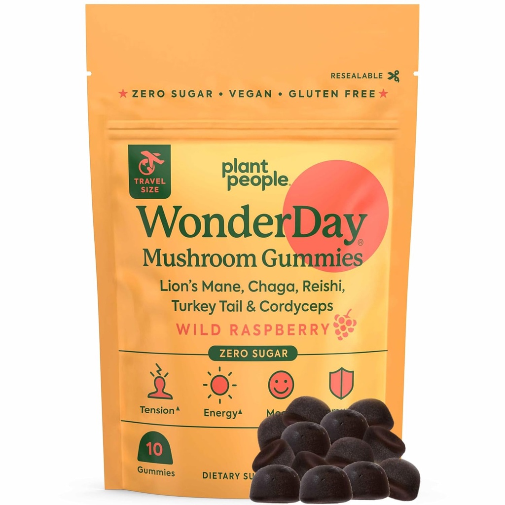 Plantefolk - WonderDay Mushroom Gummies Mini | Daglig Gummy Multi Støtte for hele kroppens balanse, Mood, De-stress, Energi, Immune og Gut Health | Naturlig, Vegansk, Ikke-GMO | Prøvestørrelse