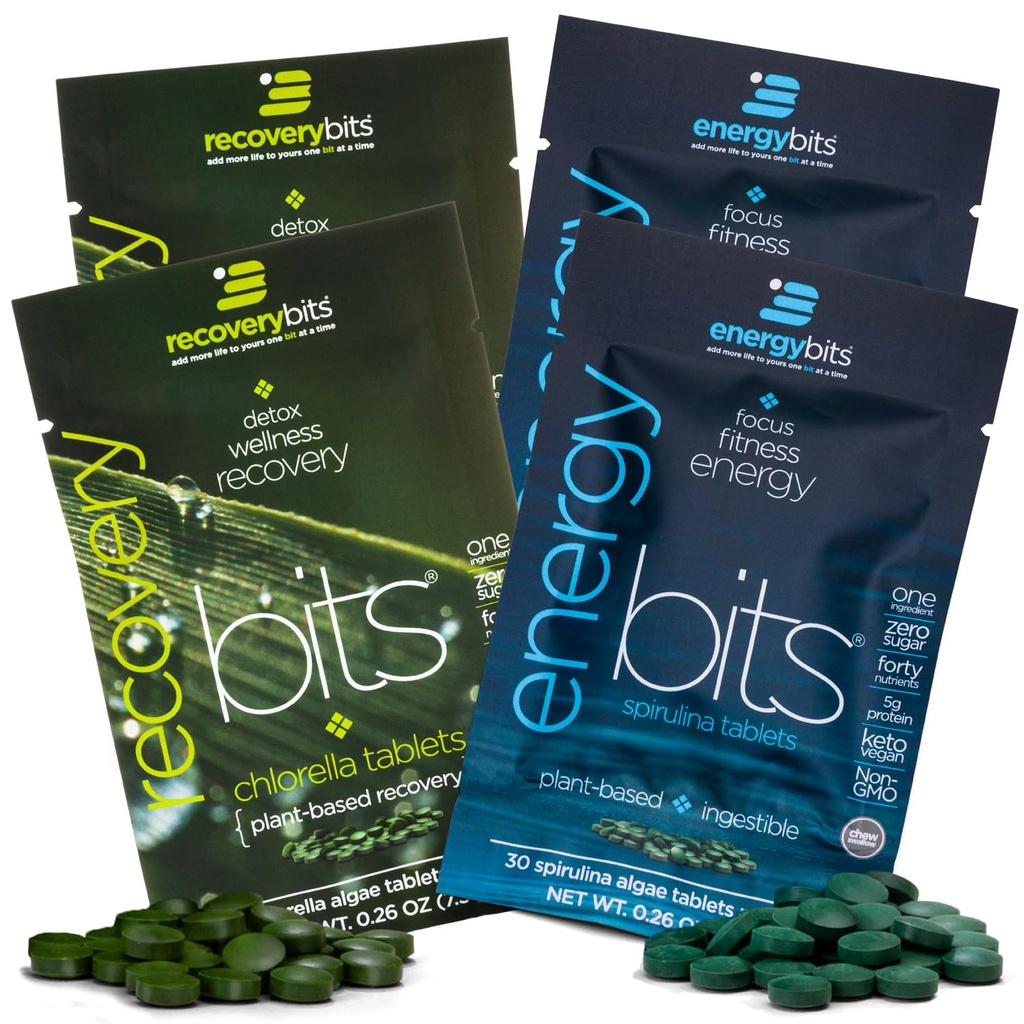 ENERGYbits/RECOVERYbits - Organic Spirulina & Chlorella Tabletter - Single Serving Sample Packs - Algae Superfood - Høyt protein, Klorofyll - Selvpleie - Vegan, Keto, Glutenfri - 4 poser, 30/Bag